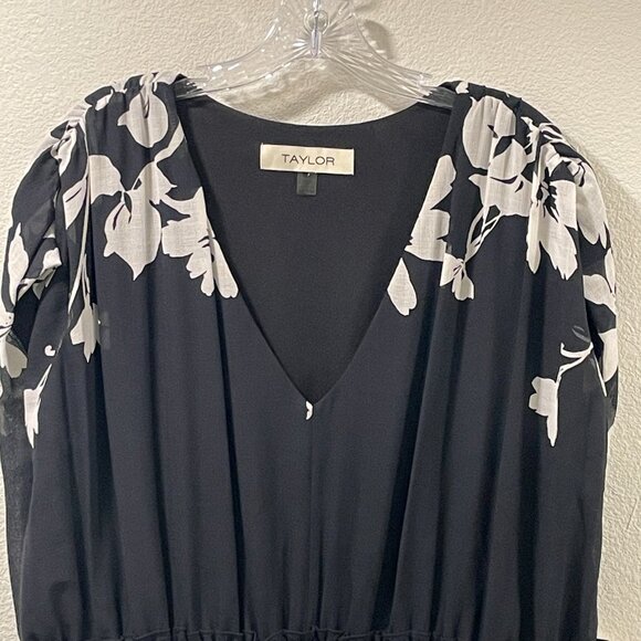 TAYLOR NWT Sheer Lined Short Sleeve Peplum V-Neck Maxi Dress Floral Blk/Wht 18 - Picture 6 of 12
